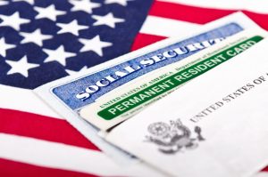 Immigration form and USA flag